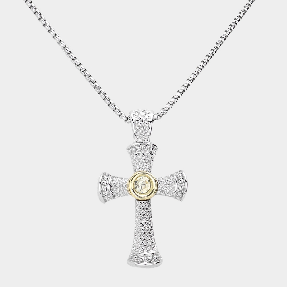 Silver Cross Pendant Necklace Casual Crystal Gold Two Tone Chain